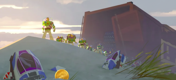 Buzz Lightyears spill out of a shipping container in Toy Story 5